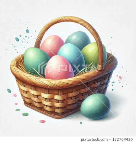 Colorful Easter eggs in a wicker basket with decorative grass on a white background. Watercolor illustration for spring and holiday themes 122704420
