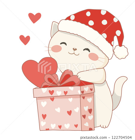 Cute Cartoon Cat with Gift Box and Heart Cute Cartoon Cat with Gift Box and Heart 122704504