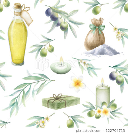 Olive oil in glass bottle, soap aleppo, sea salt scattered and in sack, candles, frangipani flowers and olive branches. Hand drawn watercolor isolated seamless pattern for package, spa salon design. 122704713