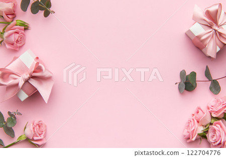 Romantic pink roses and eucalyptus on soft background 122704776