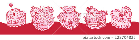Coquette cakes set with bows and cherry, heart shaped dessert in retro 90s style. Trendy vintage pink girls vector illustration Coquette cakes set with bows and cherry, heart shaped dessert in retro 90s style. Trendy vintage pink girls vector illustration 122704825