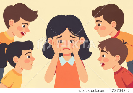 Schoolchildren mock, ridicule, and shout at a girl at school. Harassment,aggression. 122704862