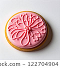 Pastel pink floral motif round icing cookies, white background. AI generated image. 122704904