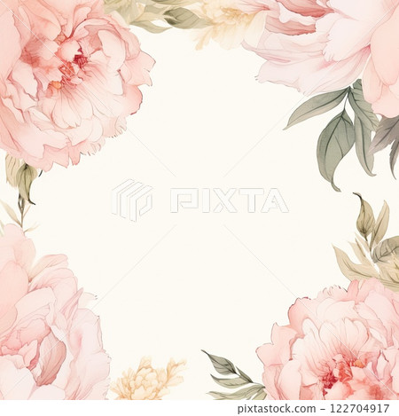 Square frame with watercolor peonies and space for text in the middle 122704917
