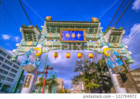 Yokohama cityscape in Japan: A view of Yokohama Chinatown, Enpeimon Gate and Nishimon Street, decorated with white tigers, on February 7, 2025 Yokohama cityscape in Japan: A view of Yokohama Chinatown, Enpeimon Gate and Nishimon Street, decorated with white tigers, on February 7, 2025 122704972