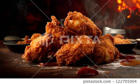 Fried chicken on a wooden table with smoke in the background. Generate Ai 122705004