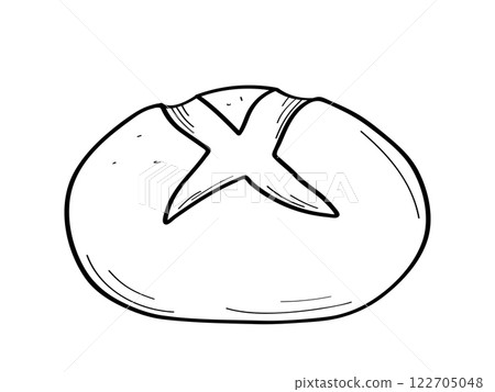 Sourdough bread is round in shape with a cross section. Baking loaf doodle icon, design for the menu. Isolate on white. 122705048