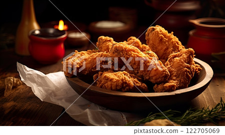 Fried chicken on a wooden table with smoke in the background. Generate Ai 122705069