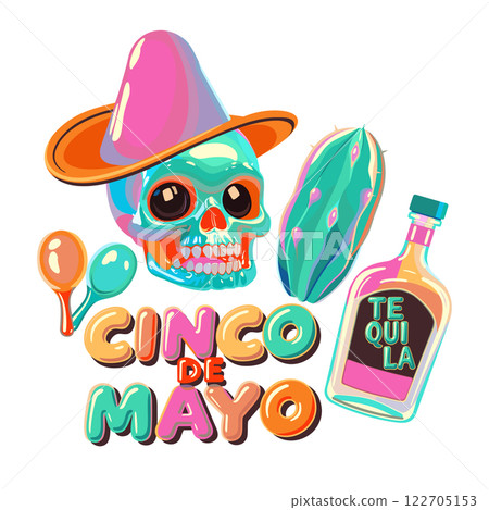 Cinco de Mayo. 5-th of May, Mexican national holiday. Vector set isolated on white background. Skull in sombrero, maracas, cactus and bottle of tequila 122705153