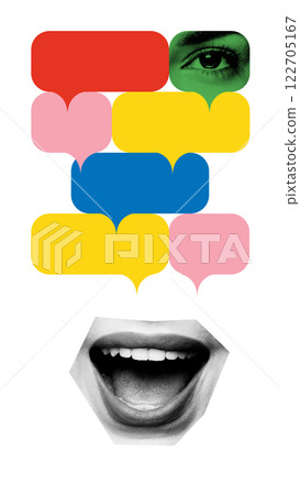 Open mouth below multiple colorful speech bubbles, with one eye peeking from corner, symbolizing online conversation 122705167