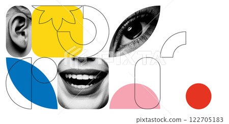 Collage of eye, ear, mouth, and abstract graphic elements against white background. Digital engagement, online communication Collage of eye, ear, mouth, and abstract graphic elements against white background. Digital engagement, online communication 122705183
