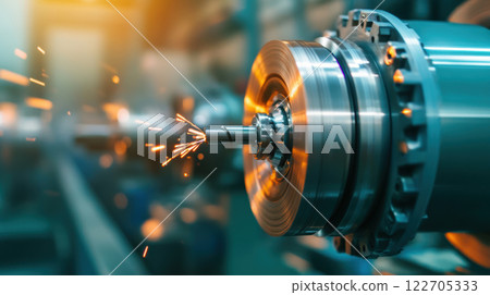 Precision Engineering CNC Machine Tool Creating Metal Part with Sparks, AI Generative 122705333