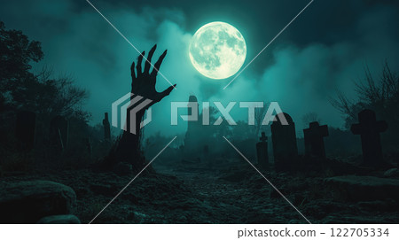 Eerie Graveyard Scene with Creepy Hand in Full Moonlit Night, AI Generative 122705334