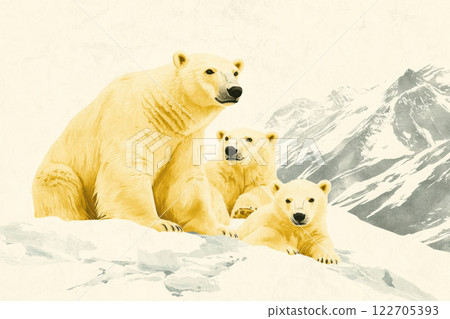 Polar bear family on snowy mountains in a winter landscape illustration, AI Generative 122705393