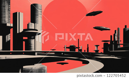 Futuristic cityscape with flying vehicles and a bold red sun in the background, AI Generative 122705452