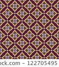 Arabian  ethnic tribal fabric pattern in red-pink tones, featuring delicate floral designs that ethnic a touch of softness and vibrancy. The bright and ethnic create a perfect balance of tradition and 122705495