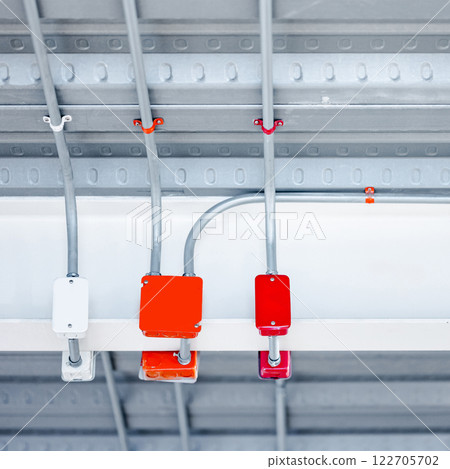 Electrical cable conduit with colorful junction box for electric wiring system on the ceiling Electrical cable conduit with colorful junction box for electric wiring system on the ceiling 122705702