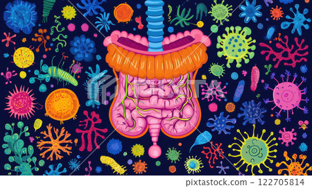 Colorful illustration of gut health featuring microorganisms and human intestine anatomy, AI Generative Colorful illustration of gut health featuring microorganisms and human intestine anatomy, AI Generative 122705814
