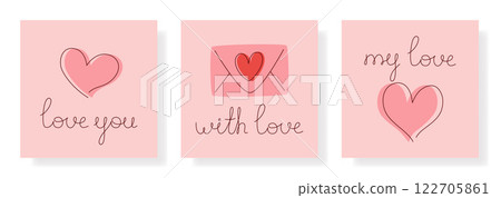 Set of simple square cards for Valentines Day. Romantic cards for February 14. Festive cards with handwritten inscriptions, decorative hearts and symbols of love Set of simple square cards for Valentines Day. Romantic cards for February 14. Festive cards with handwritten inscriptions, decorative hearts and symbols of love 122705861