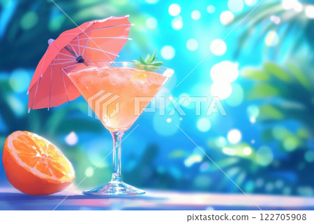 Refreshing tropical cocktail with orange garnish on a sunny day, AI Generative 122705908