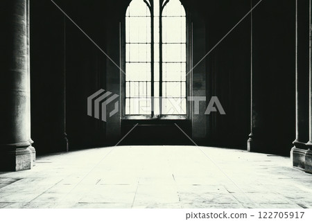 Serene interior of an empty gothic hall with tall arched windows in monochrome light, AI Generative 122705917