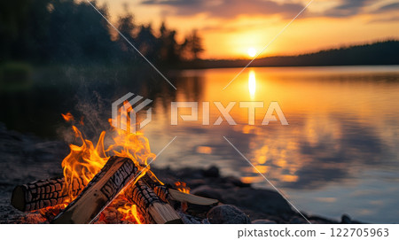 Warm campfire by a tranquil lake during a sunset with vibrant colors in the sky, AI Generative 122705963