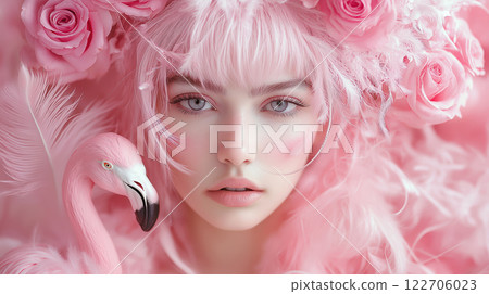 Pink fantasy portrait with roses and flamingo in ethereal beauty concept, AI Generative 122706023