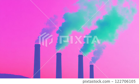 Industrial chimneys emitting colorful smoke against a vibrant sunset sky, AI Generative 122706105