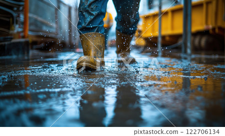 Worker in Waterproof Boots Walking Through Rainy Construction Site Reflection, AI Generative 122706134