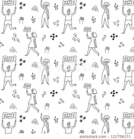 Feminist Seamless Pattern with Activist Women and Protest Signs (Women Power, Stop) 122706251