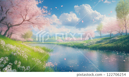 Scenic spring landscape with cherry blossoms and serene river under blue sky, AI Generative 122706254