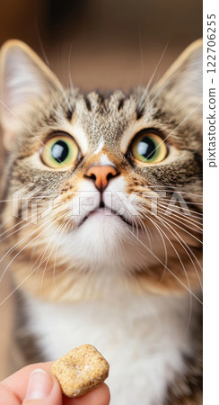 Curious cat gazing at a treat with wide eyes and focused attention, AI Generative 122706255