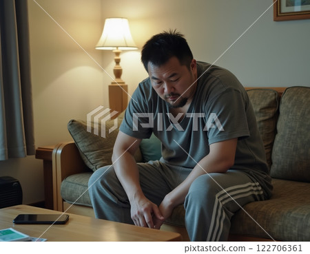 A young man in loungewear sitting with a tired expression, unshaven, chubby 122706361