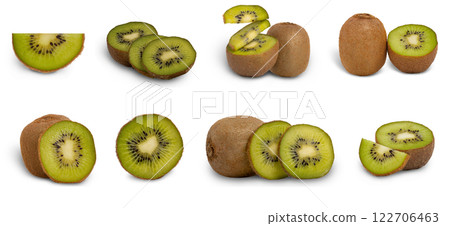 Collection of whole and cut and levity kiwi isolated on white background with clipping path. 122706463
