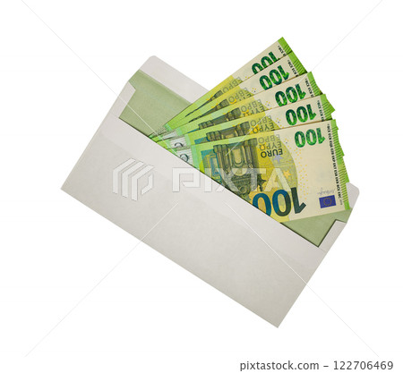 White envelope with 100 euro banknotes isolated on white. Salary, bonus, won, prize 122706469