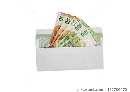White envelope with 10 ,50 and 100 Euro banknotes isolated on a white background. Top view 122706470