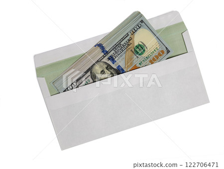 Dollars in a white envelope isolated on white background. 100 bills. Dollars in a white envelope isolated on white background. 100 bills. 122706471
