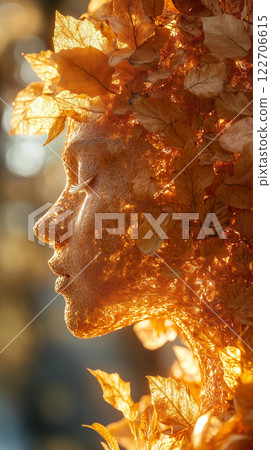 Golden autumn spirit with delicate leaves merging into light, ethereal beauty. AI Generative 122706615