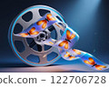 3 d movie style image combining vintage movie elements with futuristic motifs, with metallic textures and glowing 3D images 122706728
