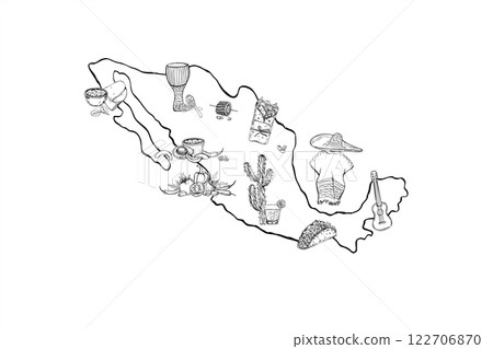 Mexica map silhouette with sights vector monochrome illustration painted by black inks. Mexican clothing, musical instruments, cuisine food, drinks, plants. For tourist advertising brochures. 122706870