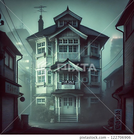 Illuminated white building in a back alley 122706906