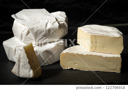 Delicious creamy brie cheese! Perfect for food photography, recipes, or showcasing gourmet dairy products. Available in wrapped and cut portions Delicious creamy brie cheese! Perfect for food photography, recipes, or showcasing gourmet dairy products. Available in wrapped and cut portions 122706918
