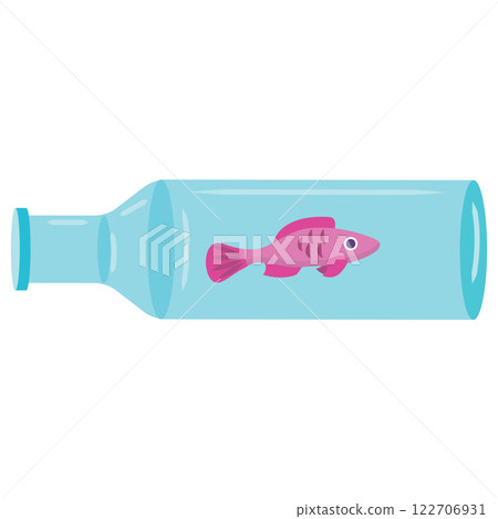 Fish stuck in a bottle. Water pollution concept. Vector illustration isolated on white background. 122706931