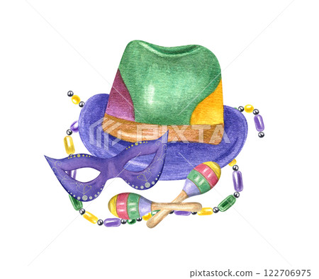 Watercolor carnival felt hat with colored beads, blue mask, maraca illustration. Fabric clothing element with festival attributes for masquerade parade. Greeting cards, poster, advertising brochure Watercolor carnival felt hat with colored beads, blue mask, maraca illustration. Fabric clothing element with festival attributes for masquerade parade. Greeting cards, poster, advertising brochure 122706975