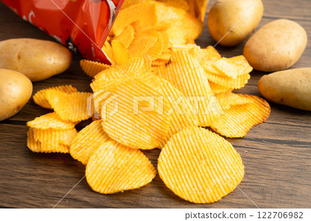 Potato chips , delicious BBQ seasoning spicy for crips, thin slice deep fried snack fast food. Potato chips , delicious BBQ seasoning spicy for crips, thin slice deep fried snack fast food. 122706982