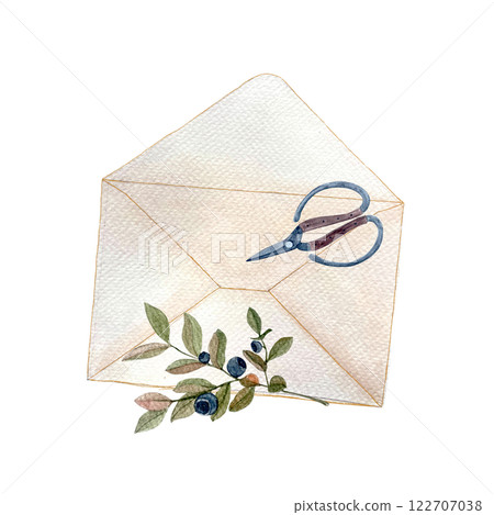 Blueberry sprig and envelope, scissors composition watercolor isolated on white. Hand painted high quality art in great for romantic designs stickers, notebooks decor, packages, herbal production Blueberry sprig and envelope, scissors composition watercolor isolated on white. Hand painted high quality art in great for romantic designs stickers, notebooks decor, packages, herbal production 122707038