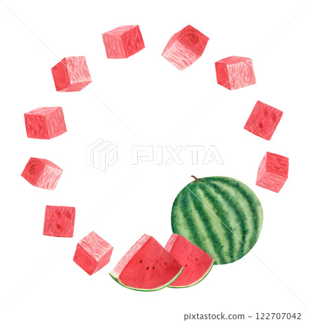 Watermelon round frame. Whole, juicy slice and cubes. Watercolor round frame isolated on white background, hand drawn for food design. Packages, juice, smoothie, menu, organic food, ice cream label 122707042