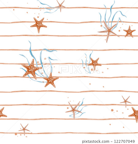 Watercolor seamless Pattern with Undersea Stars and Seaweed on striped background for kid. Nautical background with childish starfish for baby textile or nursery wallpaper in pastel color 122707049