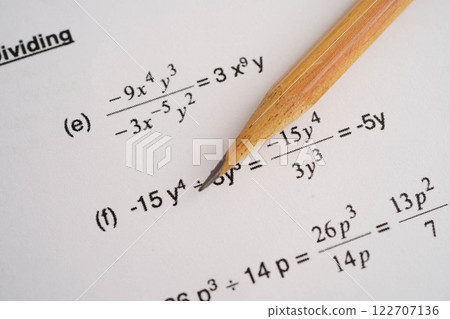 Pencil on mathematic formula exercise test paper in education school. 122707136