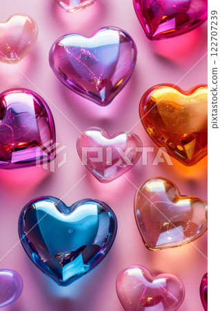 Colorful Glass Heart Ornaments on Pastel Background for Valentine's Day Design 122707239